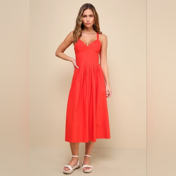 Lulus Strolling Sicily Red Pleated Backless Midi Dress With Pockets M Vacation - Picture 2 of 10